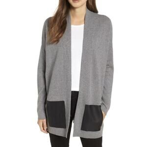 Eileen Fisher Cashmere Cardigan Sweater Medium Grey Black Leather Pockets Luxe